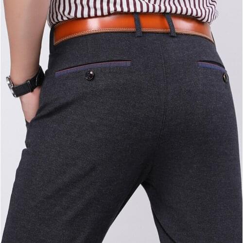 Mens casual pants fitness straight cotton blends long trousers plus size 2019 autumn winter navy grey black dad business slacks