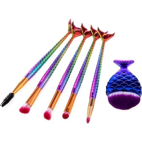 Saiantth 6pcs mermaid makeup brushes set eye make up tools chubby fish foundation combination concealer eyeshadow eyelash lip