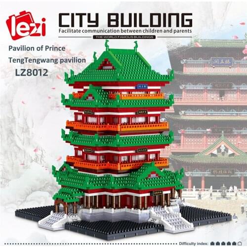 Lezi LZ8012 World Famous Architecture Model Set Pavilion of Prince TengTengwang Pavilion Micro Mini Blocks China Building Toys
