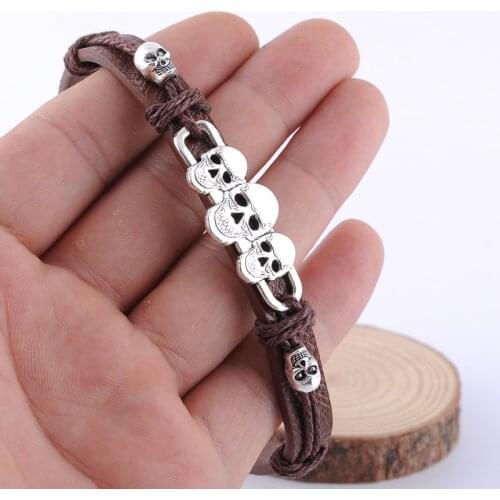 Trendytime new fashion punk skull leather bracelet men multi layer charm bracelets for men boy women girl gifts jewelry