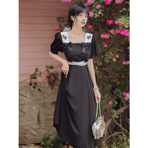 Summer New Womens Waist Embroidered High Waist Bow Lantern Sleeve Dress Retro Literary Square Collar Black Mid-Length Dress
