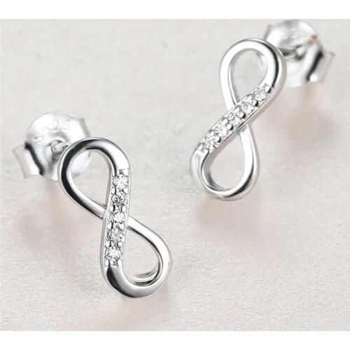 Simple Female Infinity Crystal Small Earring Charm 925 Silver Color Stud Earrings Dainty White Zircon Wedding Earrings For Women