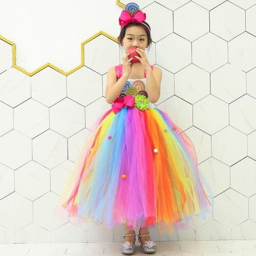 Rainbow Sweet Candy Fairy Girl Birthday Costume Kids Rainbow Lollipop Flower Bow Tutu Dress and Headband For Mardi Gras Carnival