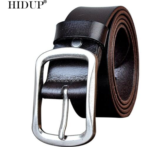 HIDUP Mens Quality Cowhide Sliver Alloy Pin Model Metal Belts Solid Cowskin for Men Cow Genuine Leather Belt 3.8cm Width NWJ992