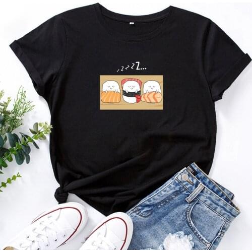 Sushi Pattern Shirt Fashion T-shirt Women Summer Cotton T Shirt Women Harajuku O-neck Ladies Top Tee Shirt Femme Black & White