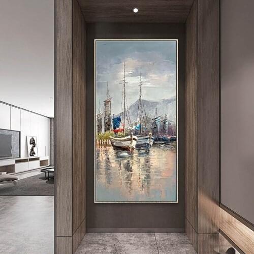 Hand-Painted Oil Painting On Canvas Mediterranean Landscape Ship Sea View Large Size Wall Art Home Office Decoration Paintings