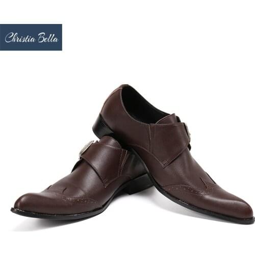 Christia Bella Luxury Handmade Mens Oxofrds Formal Genuine Leather Dress Shoes Pointed Toe Buckle Brown Business Leather Shoes