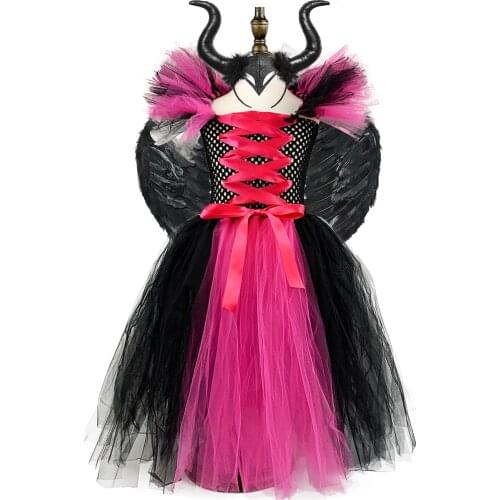 Hot Pink Devil Witch Costume Girls Halloween Kids Evil Queen Tutu Dress with Black Wing Headband Child Birthday Gown Dresses