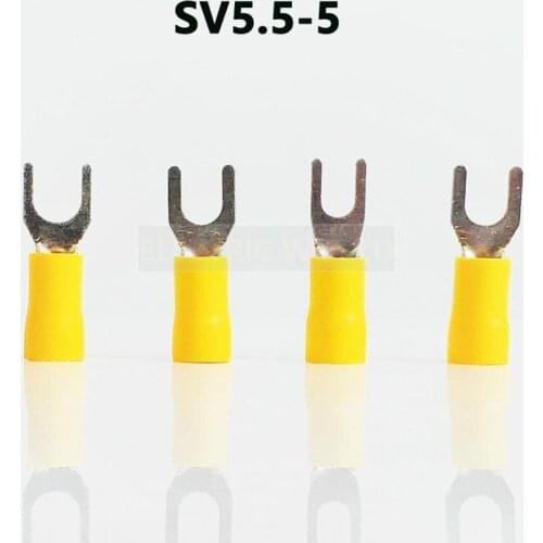 SV5.5-5 YELLOW color Cold pressed terminals Cable Wire Connector 100PCS Insulated Spade Terminals Connector for 12-10AWG 6.7mm2