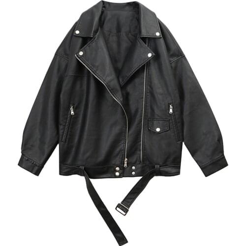 2021 Women Loose Pu Leather Jacket Black Soft Faux Leather Jacket Street Moto Biker Leather Coat Jacket Lady Casual Outerwear