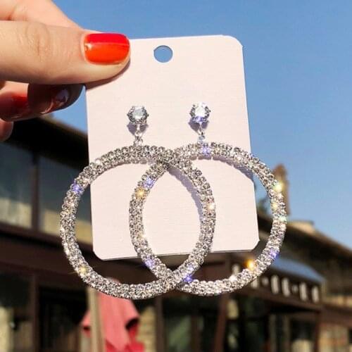 Hot Fashion Korean Big Circle Round Earrings Luxury Gold Silver Color Rhinestone Earring Women Weddings Party Jewelry