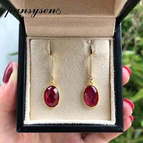PANSYSEN 18K Gold color Vintage oval Ruby Gemstone dangle drop earrings for women 925 sterling silver Anniversary Christmas gift