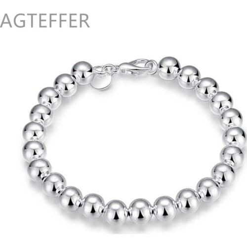 AGTEFFER 925 Sterling Silver 8mm Smooth Beads Ball Bracelet For Women Wedding Engagement Party Fashion Jewelry