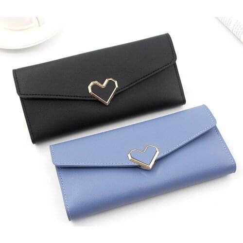 Womens Clutch Long Korean-Style Fashion Womens Wallet Three-Fold Wallet Heart-Shaped Buckle Card Holder wholesale Wallet