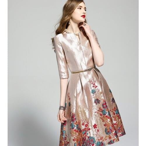 2021 Spring Summer Women Clothes 3/4 Sleeve Glitter Dobby Floral Dress , Woman High Waisted Knee Length Flower Dresses