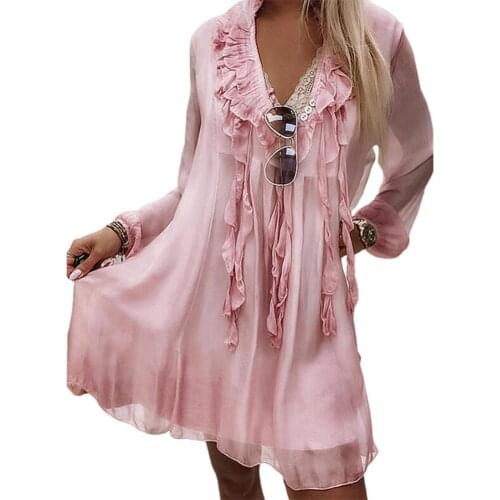 Plus Size Women Mini Dress Solid Color Tassel Elegant V Neck Loose Casual Long Sleeve Chiffon Dresses Beach Party