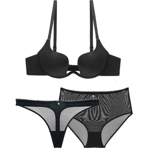 1 Bra And 2 Panties Sets For Women Deep U Plunge Push Up Backless Thong Mesh Underwear Sexy Lingerie Black Red White A B C D Cup