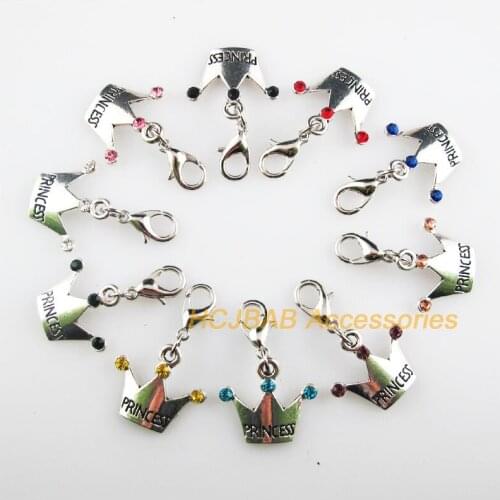10 New Princess Crown 17x19mm Charms Mixed Round Crystal Tibetan Silver Tone Retro With Lobster Claw Clasps