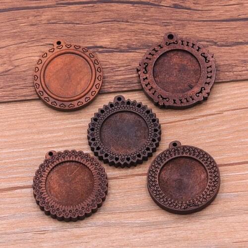 5pcs/lot 25mm Inner Size New Product 5 Style Round Wood Cabochon Base Setting Charms Pendant Necklace Findings