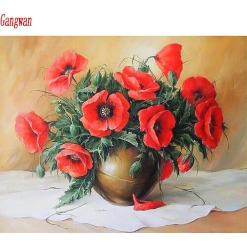 5D DIY Diamond Painting Red poppies flowers Home decor Diamond Embroidery still life vase Cross Stitch Round Rhinestone Mosaic