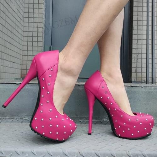 BERZIMER Stud Women Platform Pumps Round Toe Thin Slim Heeled Faux Leather Shoes Woman Cosplay Party Large Size 41 44 47 50 52