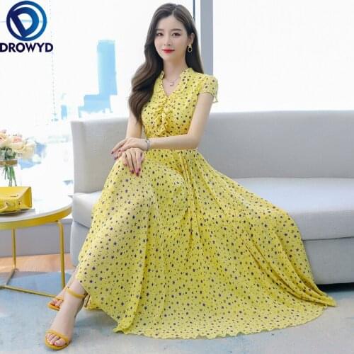 Boho Summer Floral Printed Slim Chiffon Dress Women Casual Fashion Beach Party Dress Elegant V-Neck Big Swing Dresses Vestidos