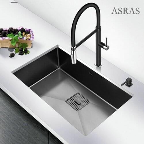 Asras 7545NB Black Nano-antibacterial Kitchen Sink Set Black King Kong 304 Stainless Steel Handmade Single Sink with Faucet