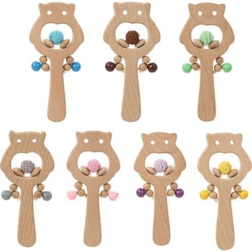 Baby Beech Rabbit Owl Rattle Hand Teething Wooden Ring Infants Nursing Teether Soother Montessori Educational Toy for Newborn