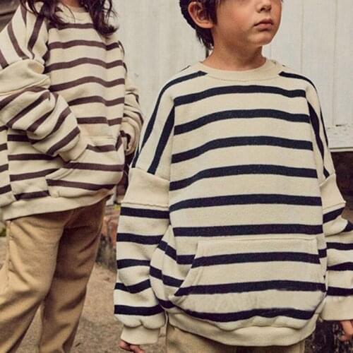 Korean childrens winter clothes new top boys' and girls' striped splicing sleeve fleece large pocket casual sweater