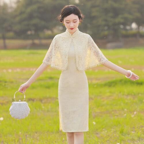 Elegant Cheongsam Summer Young Girl Qipao Dresses Improved Ladies Retro Chinese Traditional Lace Bodycon Cheongsam Women Dress