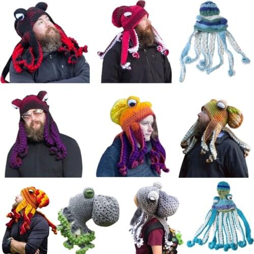 Halloween Hand Weave Knitted Beanie Hat Funny Gradient Cartoon Octopus Tentacle Eyes Skull Cap Cosplay Party Headgear