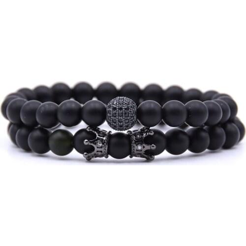 KANGKANG 2Pcs/Set popular Pave CZ Small Crown and ball Bracelet Classic Matte Black Natural Stone 4 style Bead Bracelets Jewelry