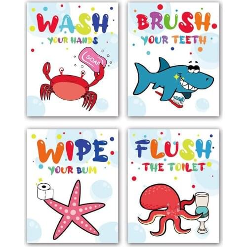 Marine Life Painting Canvas Cartoon Shark English Inspirational Childrens Bathroom Hanging Painting Baby Room Decor Wall Art