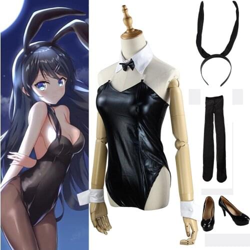 Japanese Anime Sakurajima Mai Cosplay Costume Women Black Sexy Jumpsuit Rascal Does Not Dream of Bunny Girl Senpai Wig Shoes