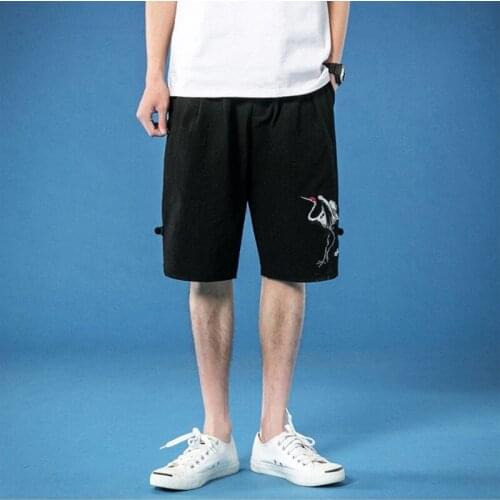 Summer Japanese Vintage Men Hip Hop Crane Embroidery Plus Size Wide Leg Pants Pantalon Cross Bloomers Calf-Length Pants 30455