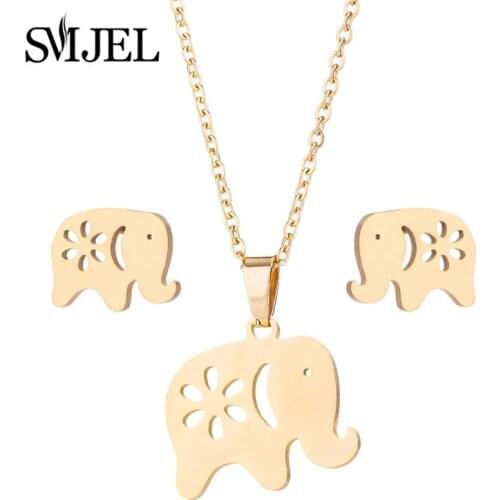 SMJEL Stainless Steel Animal Necklaces for Women Kids Fashion Gold Jewelry Set Elephant Butterfly Cat Necklaces Earings brincos