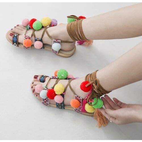 Hair ball strap flat shoes famous style hair ball sandals 2019 summer bohemian beach shoes sweet cute Anime Lolita Shoes