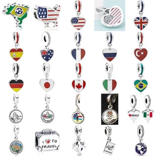 2021 NEW 100% 925 Sterling Silver Dangle Pendant Fit DIY Girl Bracelet Necklace Original Charm National flag Tour Jewelry Gift