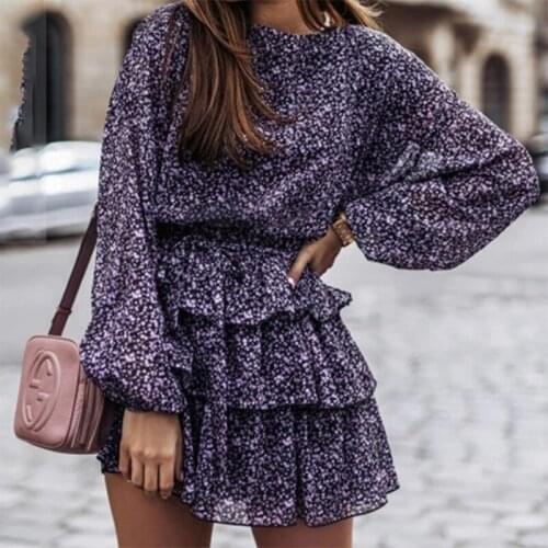 Foridol O Neck Long Sleeve Casual Autumn Winter Dress Layered Floral Print Short Party Dress Vestidos Sash Plus Size Dress