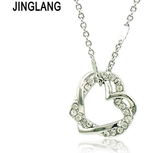 DIY Retail Fashion Romantic White Rhinestone Two Heart Combining Pendant Necklace For Women Valentines Gifts Jewelry