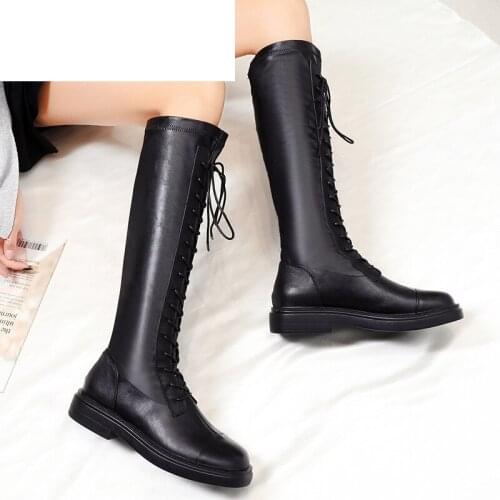 Knee High Black Boots Genuine Leather Cow Soft Mid Calf Lace Up Platform Autumn Winter Warm Plush Inside Comfortable Sexy