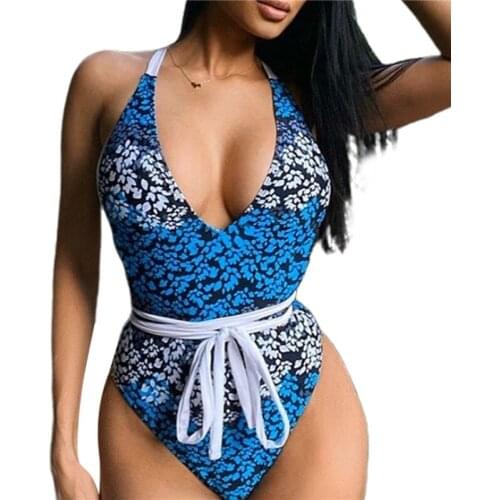 Sexy Women Digital Print Swimsuit Ladies Low Cut Hangging-neck Beach Wear Sleeveless Backless V-neck Swimwear With Bandage