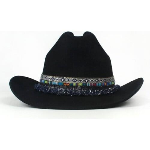 100% Wool Women Men Wool Tassel Western Cowboy Hat Gentleman Dad Black Outback Sombrero Hombre Montana Hat 57-59CM