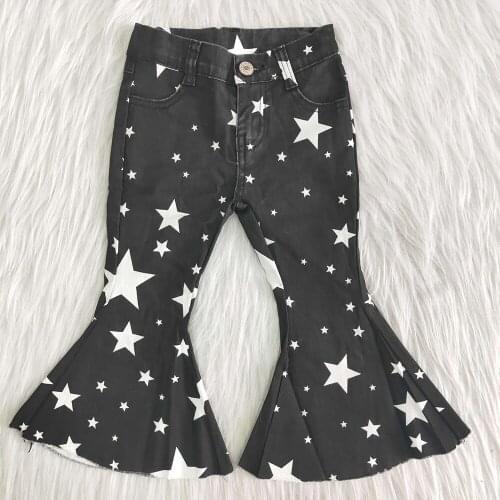 Hot Sell Children Fall Long Pants Baby Girls Black Jeans With Stars Kids High Quality Bell Pants