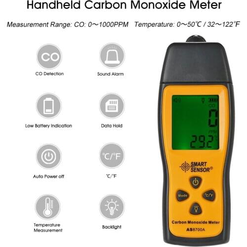 SMART SENSOR Handheld Carbon Monoxide Meter with High Precision CO Gas Tester Monitor Detector Gauge LCD Display Sound and Light