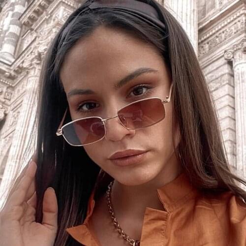 Unique Small Rectangle Sunglasses Women Men Vintage Metal Gradient Tea Sun glasses Female Mens Shades Thin Glasses UV400