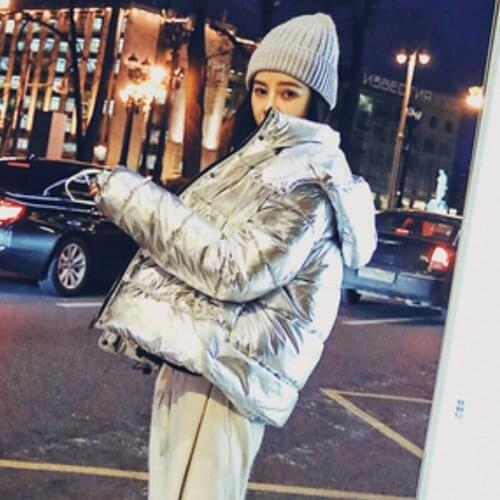 Bright Silver Jackets Hooded Hat Harajuku Short Warm Down Cotton Padded Coats 2020 New Winter Fashion Jacket Women Tops S333