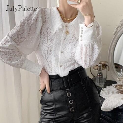 JulyPalette White Turn-down Collar Lace Women Blouse Shirt Lantern Sleeve Hollow Out Female Tops Elegant Office Ladies Blouse