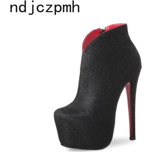 Womens Boots The New Winter Fashion Round Head Zipper High Heel Short Tube Martin Women Shoes Plus Size 33-43 Heel Height 16cm