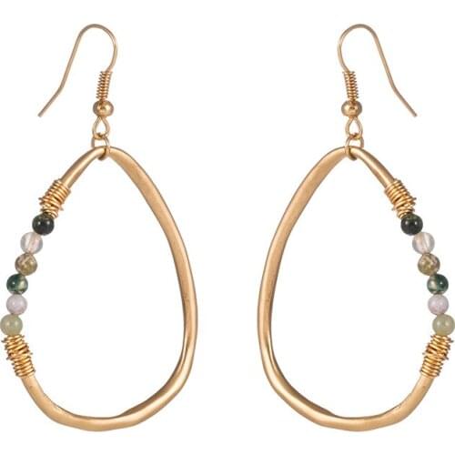 2020 new Hollow out water drop Hand woven Copper wire winding green beads Natural stone drop earrings for women